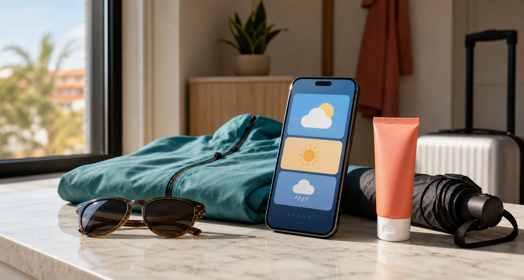 Travel clothing and sun-care essentials beside a phone